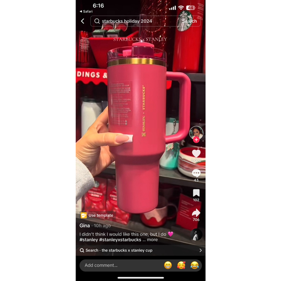 Stanley + Starbucks Holiday Winter 2024 Berry Pink Glitter & Gold Tumbler, 40 oz - Picture 7 of 7